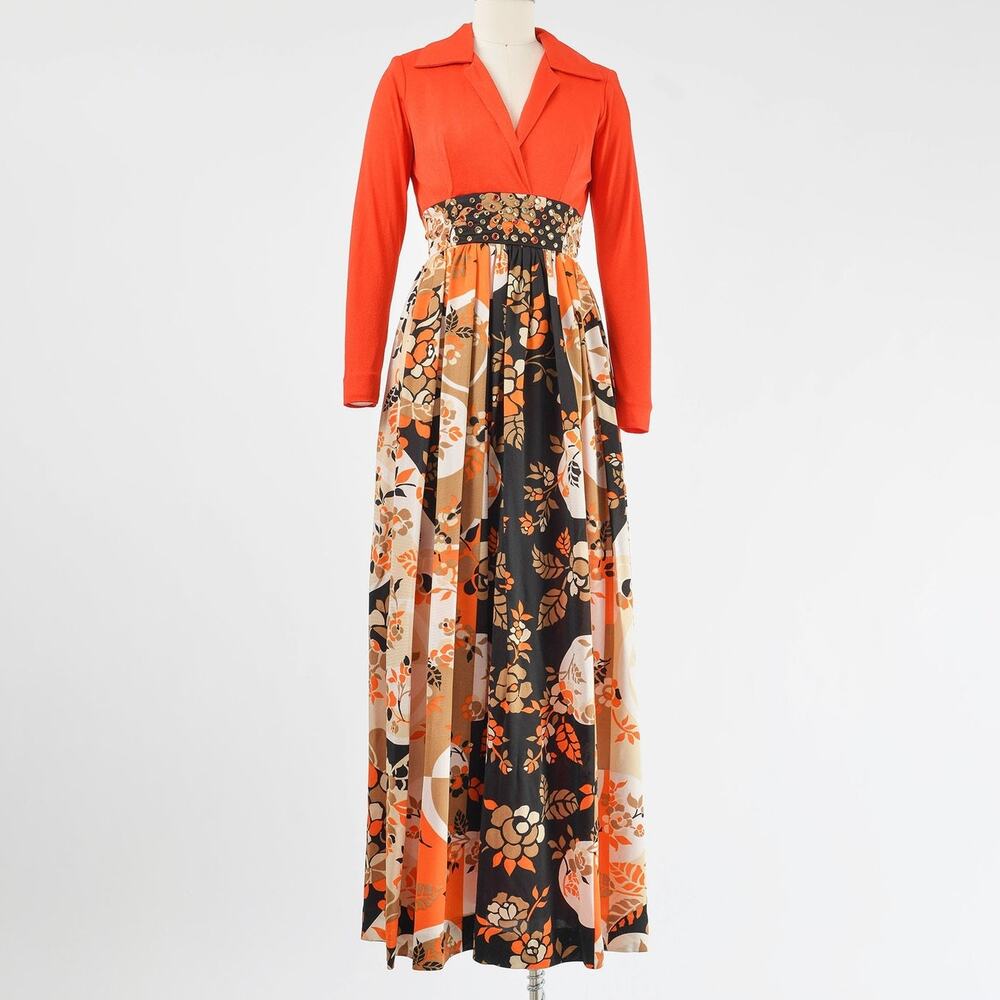 Vintage 70s Orange Floral Op Art Rhinestone Empire Waist Formal Maxi Dress XS S